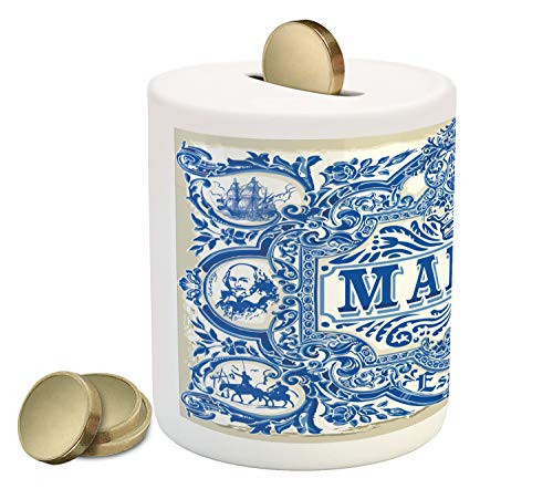 Ambesonne Spanish Piggy Bank, Madrid Calligraphy Traditional Painted Tin Graphic Tile Azulejo Print, Printed Ceramic Coin Bank Money Box for Cash Saving, Navy Blue White Eggshell