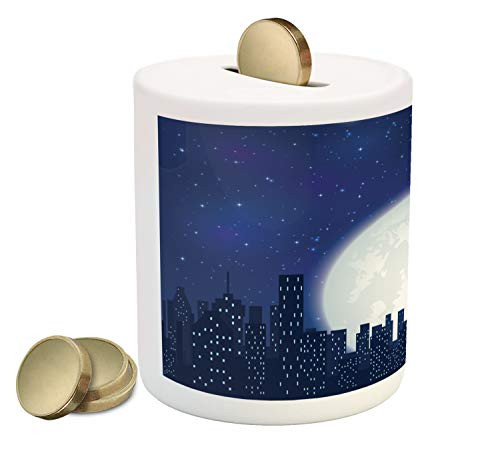 Ambesonne Night Sky Piggy Bank, Full Moon on Starry Dark Sky Urban Cityscape with Tall Buildings, Printed Ceramic Coin Bank Money Box for Cash Saving, Dark Blue Indigo White