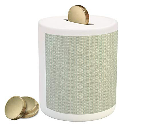 Ambesonne Retro Piggy Bank, Old Fashioned Mosaic Tile Pattern with Geometric Elements and Flowers, Printed Ceramic Coin Bank Money Box for Cash Saving, Reseda Green and Beige