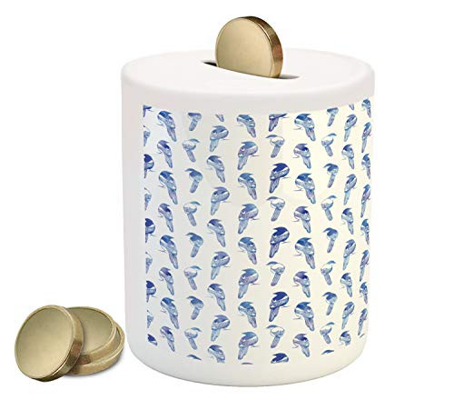 Ambesonne Birds Piggy Bank, Small Sparrows Pattern Repeating Doodle Arrangement of Woodland Animals, Printed Ceramic Coin Bank Money Box for Cash Saving, Ceil Blue and White