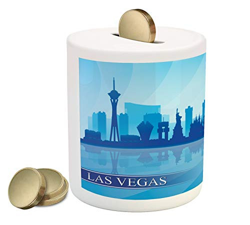 Ambesonne Las Vegas Piggy Bank, Silhouette of an American City with Various Landmarks Nevada Downtown, Printed Ceramic Coin Bank Money Box for Cash Saving, Pale Blue and Blue Ambesonne Las Vegas Piggy Bank, Silhouette of an American City with Various Landmarks Nevada Downtown, Printed Ceramic Coin Bank Money Box for Cash Saving, Pale Blue and Blue