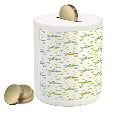 Ambesonne Lemons Piggy Bank, Citrus Fruits on Branches with Green Leaves Tropical Pattern, Printed Ceramic Coin Bank Money Box for Cash Saving, Jade Green Almond Green and Yellow