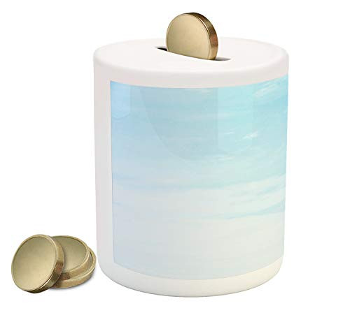 Ambesonne Pale Blue Piggy Bank, Soft Pastel Tone Sky and Clouds Fantasy High Freedom Heaven Sunny Illustration, Printed Ceramic Coin Bank Money Box for Cash Saving, Pale Blue