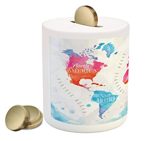 Ambesonne Geography Piggy Bank, Watercolored World Map Continent and Ocean Names Written, Printed Ceramic Coin Bank Money Box for Cash Saving, Vermilion Pink Sky Blue Violet Blue