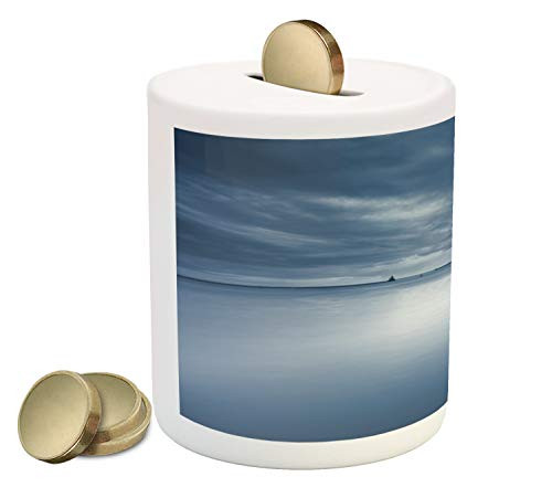 Ambesonne Wisconsin Piggy Bank, Marine Theme Photo of Lighthouse in Milwaukee in Overcast Weather Print, Printed Ceramic Coin Bank Money Box for Cash Saving, Slate Blue Blue Grey