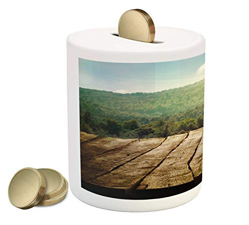 Ambesonne Rustic Wood Piggy Bank, Spring Season Mountain Side Landscape with Sun Rays Blurred Out of Focus, Printed Ceramic Coin Bank Money Box for Cash Saving, Brown and Green