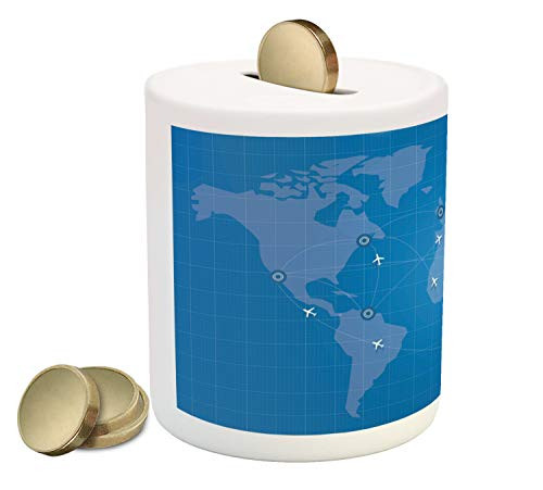 Ambesonne Airport Piggy Bank, Illustration of Flight Routes on World Map with Minimal Plane, Printed Ceramic Coin Bank Money Box for Cash Saving, Sea Blue and Sky Blue