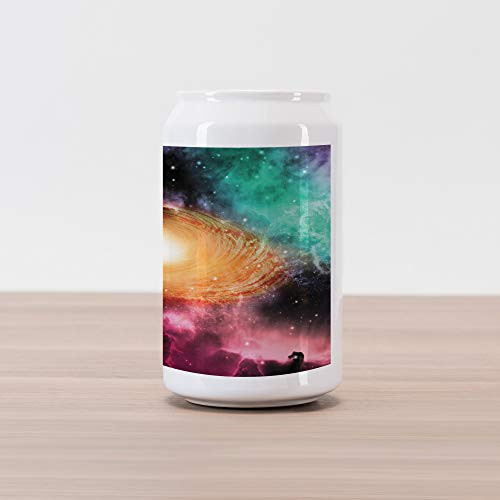 Ambesonne Zodiac Cola Can Shape Piggy Bank, Colorful Astronomy Pictures of a Spiral Galaxy Stars Stardust and Cosmos, Ceramic Cola Shaped Coin Box Money Bank for Cash Saving, Pink Orange Green