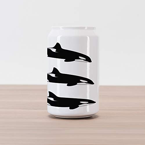 Ambesonne Sea Animals Cola Can Shape Piggy Bank, 3 Orca Killer Whales in Different Illustration Black and White Style, Ceramic Cola Shaped Coin Box Money Bank for Cash Saving, Black and White