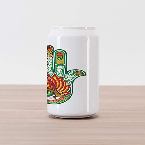 Ambesonne Hamsa Cola Can Shape Piggy Bank, Middle Hamsa with Defense of Evil Eye Theme, Ceramic Cola Shaped Coin Box Money Bank for Cash Saving, Green Red