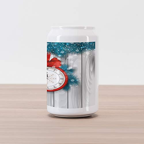 Ambesonne Clock Cola Can Shape Piggy Bank, New Year Celebration Midnight a Clock and Fir Pine Tree Branch Illustration, Ceramic Cola Shaped Coin Box Money Bank for Cash Saving, Red and Pale Grey
