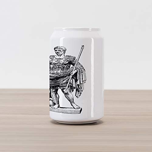 Ambesonne Retro Cola Can Shape Piggy Bank, Antique of Augustus Vintage Historical King Emperor Print, Ceramic Cola Shaped Coin Box Money Bank for Cash Saving, Black White