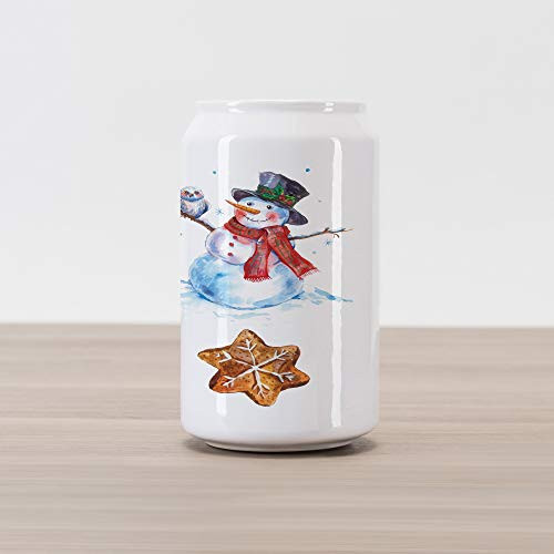Ambesonne Christmas Cola Can Shape Piggy Bank, Watercolor Xmas Snowman with Owl Sock Gingerbread Cookie, Ceramic Cola Shaped Coin Box Money Bank for Cash Saving, Red Dark Orange Pale Blue