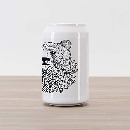 Ambesonne Indie Cola Can Shape Piggy Bank, Doodle Style Sketch Bear Portrait with Curly Beard and Mustache Cool Animal, Ceramic Cola Shaped Coin Box Money Bank for Cash Saving, Black White