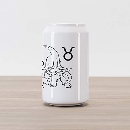 Ambesonne Zodiac Taurus Cola Can Shape Piggy Bank, Hand Drawn Style Bull Outline with Horoscope Sign Monochrome Design, Ceramic Cola Shaped Coin Box Money Bank for Cash Saving, Black and White