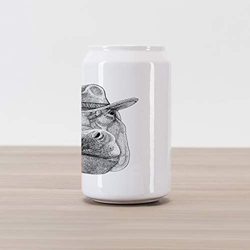 Ambesonne Hippo Cola Can Shape Piggy Bank, Behemoth Animal Wearing Cowboy Hat Wild West Inspired Hand-Drawn Image, Ceramic Cola Shaped Coin Box Money Bank for Cash Saving, Black and White