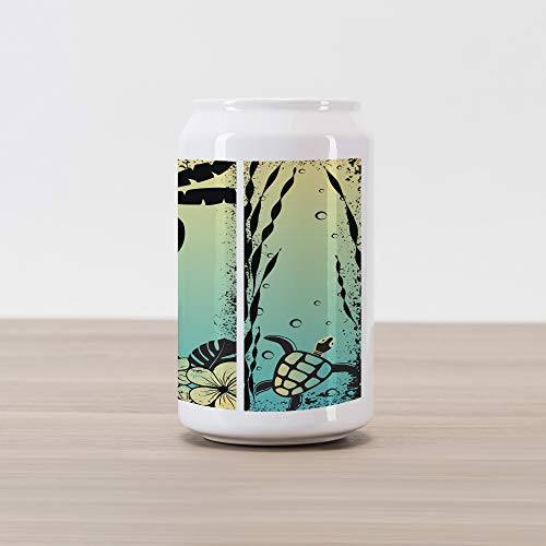 Ambesonne Turtle Cola Can Shape Piggy Bank, Grunge Tropical Holiday Themed Pattern with Boat Tree Silhouette, Ceramic Cola Shaped Coin Box Money Bank for Cash Saving, Mint Green Black Pale Yellow