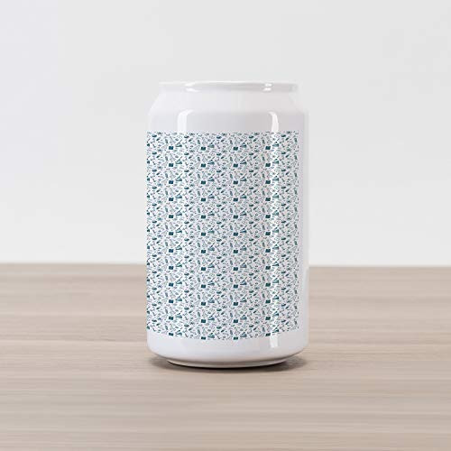 Ambesonne Lab Cola Can Shape Piggy Bank, Doodle Drawing Style College Study Chemical Illustration, Ceramic Cola Shaped Coin Box Money Bank, 4.5" X 2.5", Petrol Blue and White