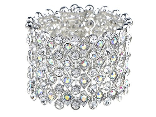 Alilang Womens Silvery Bridal Prom Vintage Crystal Rhinestone Stretch Wide Open Cuff Bangle Bracelet