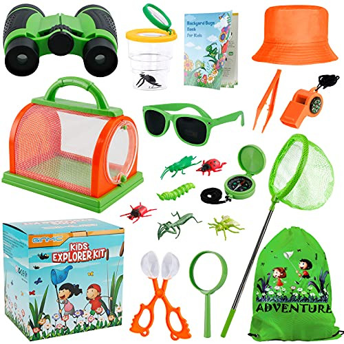 GINMIC Outdoor Explorer Kit  and  Bug Catcher Kit for Kids Camping with Drawstring Bag, Binoculars, Bug Kit, Magnifying Glass, Sunglasses, Hat, Butterfly Net, Adventure Toy for 3-12 Years Old Boys  and  Girls