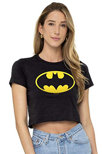 Batman Classic Logo Juniors Teen Girls Crop Top T Shirt  and  Stickers -X-Large- Black