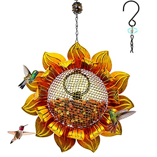 Wild Bird Feeders, Metal Sunflower Outdoor Bird Breeders Hanging Decor Outside Sunflower Metal Mesh Wild Finch Bird Feeder Can Rotate 360 Degrees Hanging Flower Shaped Patio Trees Yard Garden Decor