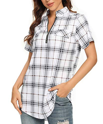 St. Jubileens Women Short Sleeve Plaid Shirt Tunic V Neck Casual Pullover Blouses Tops -Multicolored Plaid, s-