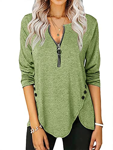 Women's Casual Long Sleeve Blouses Zipper Tunic V Neck Button Side T Shirts Tops Green