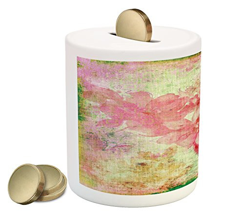 Ambesonne Flower Piggy Bank, Floral Design with a Grunge Style Dated Background Retro Artisan Pattern, Printed Ceramic Coin Bank Money Box for Cash Saving, Pink and Green Ambesonne Flower Piggy Bank, Floral Design with a Grunge Style Dated Background Retro Artisan Pattern, Printed Ceramic Coin Bank Money Box for Cash Saving, Pink and Green