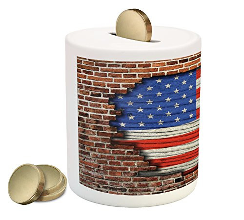 Ambesonne USA Piggy Bank, Fourth of July Independence Day Vintage Brick Wall Rustic Architecture Backdrop, Printed Ceramic Coin Bank Money Box for Cash Saving, Blue Red Brown
