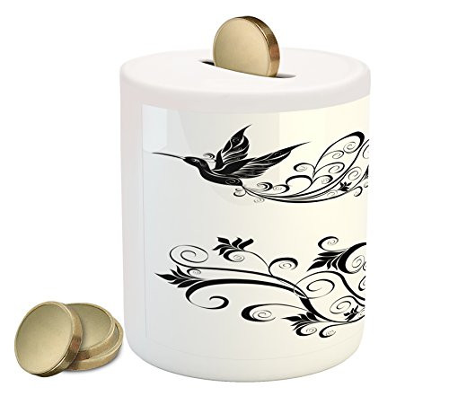 Lunarable Hummingbirds Piggy Bank, Tattoo Art Style Hummingbird Silhouette Wildlife Curvy Stems Blooms Imagery, Printed Ceramic Coin Bank Money Box for Cash Saving, Black White