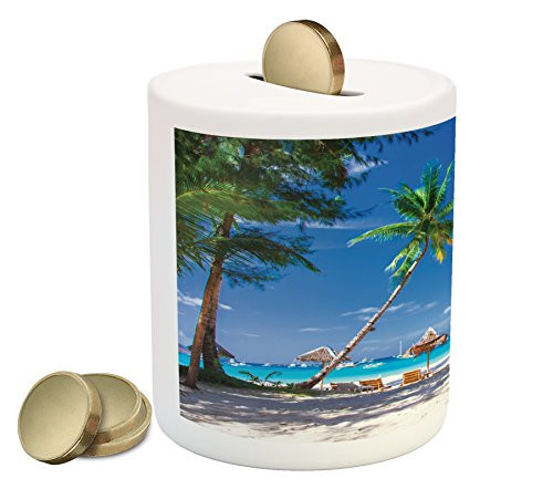 Lunarable Seaside Piggy Bank, Sun Bed Under Palm Trees Tropical Oceanside in Boracay Island Image Print, Printed Ceramic Coin Bank Money Box for Cash Saving, Green Blue and White