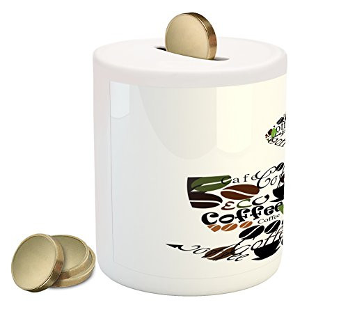 Lunarable Coffee Piggy Bank, Steam Pattern with Cups Beans and Leaves Lettering Modern Inspired Art Print, Printed Ceramic Coin Bank Money Box for Cash Saving, Green Black Brown
