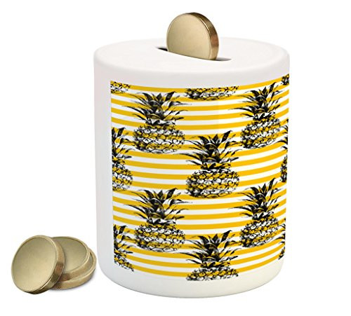 Ambesonne Grunge Piggy Bank, Retro Striped Background with Pineapple Vintage Hippie Graphic, Printed Ceramic Coin Bank Money Box for Cash Saving, Black and Earth Yellow Ambesonne Grunge Piggy Bank, Retro Striped Background with Pineapple Vintage Hippie Graphic, Printed Ceramic Coin Bank Money Box for Cash Saving, Black and Earth Yellow