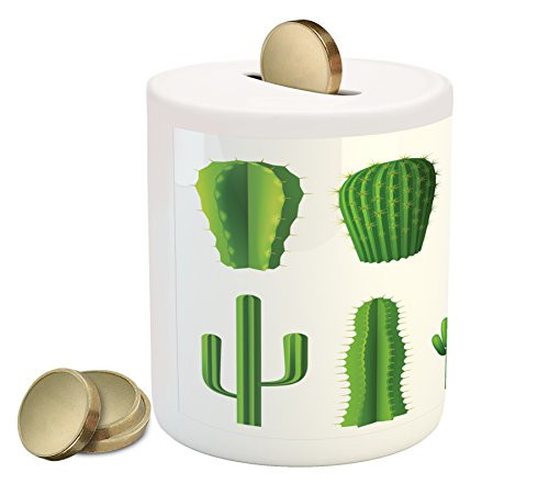 Ambesonne Cactus Piggy Bank, Print Cartoon Style Image Hot Mexican Desert Plant Cactus Types with Spikes Image Art, Printed Ceramic Coin Bank Money Box for Cash Saving, Green Ambesonne Cactus Piggy Bank, Print Cartoon Style Image Hot Mexican Desert Plant Cactus Types with Spikes Image Art, Printed Ceramic Coin Bank Money Box for Cash Saving, Green