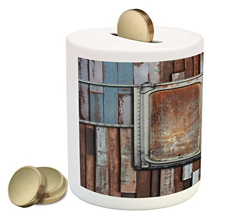 Ambesonne Rustic Piggy Bank, Marine Wooden Colored Planks with Old Rusty Ship Door Sea Life Art Print, Printed Ceramic Coin Bank Money Box for Cash Saving, Blue Brown and White