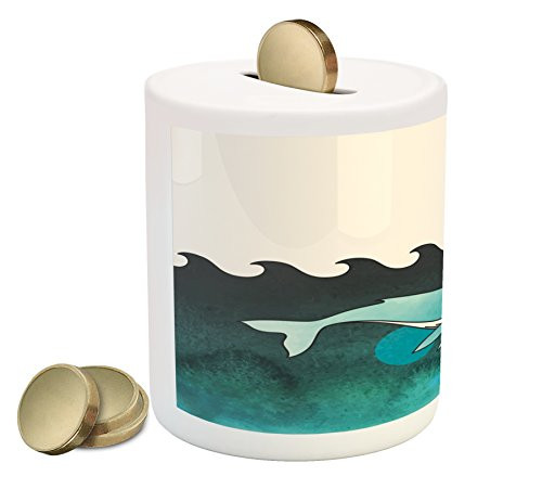 Ambesonne Whale Piggy Bank, Huge Whale Swimming Under The Ocean Near an Palm Island with Wooden Skull Art, Printed Ceramic Coin Bank Money Box for Cash Saving, Green and Blue Ambesonne Whale Piggy Bank, Huge Whale Swimming Under The Ocean Near an Palm Island with Wooden Skull Art, Printed Ceramic Coin Bank Money Box for Cash Saving, Green and Blue