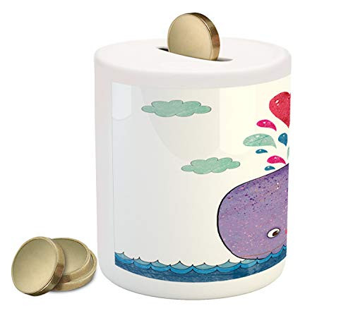Ambesonne Whale Piggy Bank, Smiling Mammal Motif Hearts and Clouds on Sea Print Nursery Childish Design, Ceramic Coin Bank Money Box for Cash Saving, 3.6" X 3.2", Purple Blue and Red