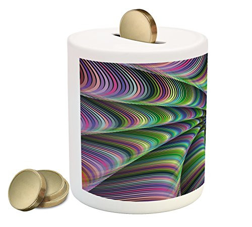 Ambesonne Fractal Piggy Bank, Psychedelic Tentacles Converging into Flower Form Infinity Spinning Focus Design, Printed Ceramic Coin Bank Money Box for Cash Saving, Green Purple