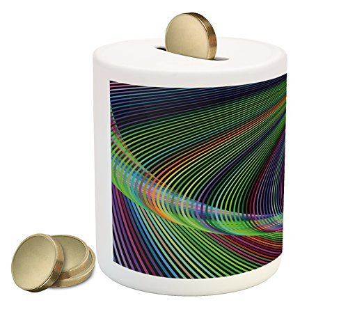Ambesonne Fractal Piggy Bank, Spiral Digital Background Energy Motion Swirl Modern Illustration, Printed Ceramic Coin Bank Money Box for Cash Saving, Green Purple