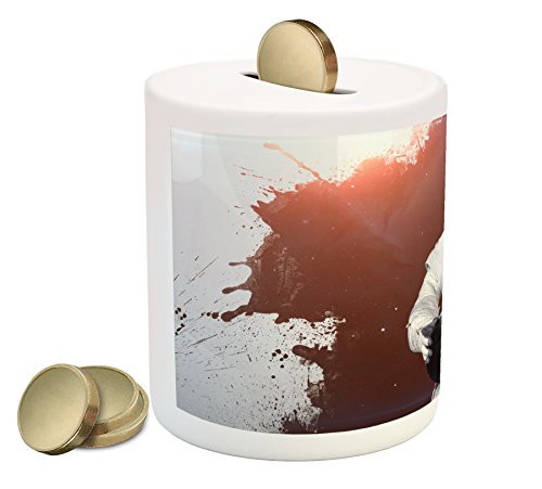Ambesonne Outer Space Piggy Bank, Kitty Cosmonaut on Earth World in Front of Color Splash Surreal Design, Printed Ceramic Coin Bank Money Box for Cash Saving, Red White