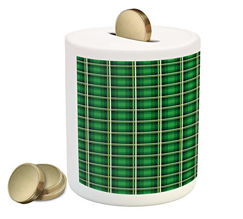 Lunarable Emerald Piggy Bank, Geometrical Pattern with Vivid Color Scheme Squares and Lines Tartan Style Design, Printed Ceramic Coin Bank Money Box for Cash Saving, Green Black