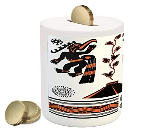 Lunarable Aztec Piggy Bank, Latin American Civilization Elements Places Leader Art Print, Printed Ceramic Coin Bank Money Box for Cash Saving, Orange and Black