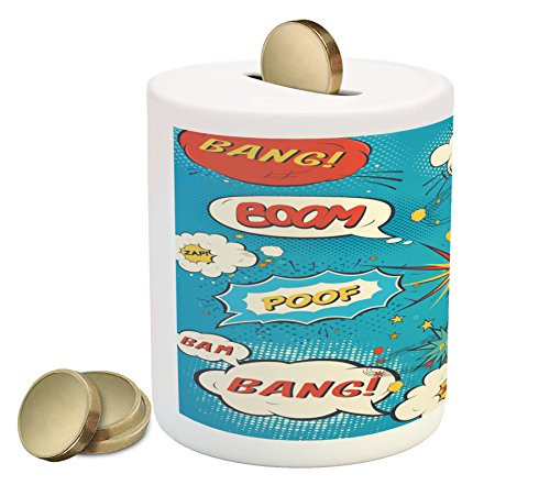 Lunarable Superhero Piggy Bank, Pop Art Style Comic Speech Bubbles Funny Humor Expressions Boom Splash Bang, Printed Ceramic Coin Bank Money Box for Cash Saving, Blue Cream Red