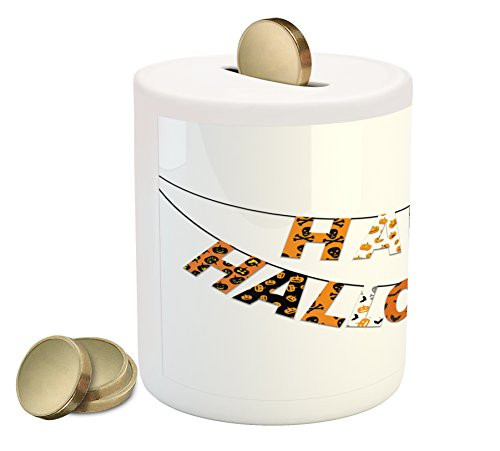 Lunarable Halloween Piggy Bank, Happy Halloween Banner Greetings Pumpkins Skull Bones Bats Pennant Image, Printed Ceramic Coin Bank Money Box for Cash Saving, Orange Black White