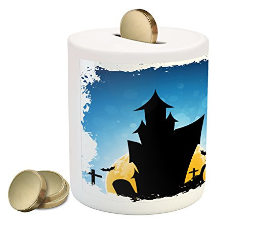 Lunarable Halloween Piggy Bank, Gothic Castle Moon Cruciform Graveyard Tree Silhouette Abstract, Printed Ceramic Coin Bank Money Box for Cash Saving, Blue Black Yellow