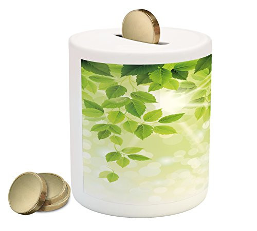 Lunarable Leaf Piggy Bank, Summer Spring Branch Leaves Foliage on Abstract Backdrop, Printed Ceramic Coin Bank Money Box for Cash Saving, Forrest Green Pale Green and Green Lunarable Leaf Piggy Bank, Summer Spring Branch Leaves Foliage on Abstract Backdrop, Printed Ceramic Coin Bank Money Box for Cash Saving, Forrest Green Pale Green and Green