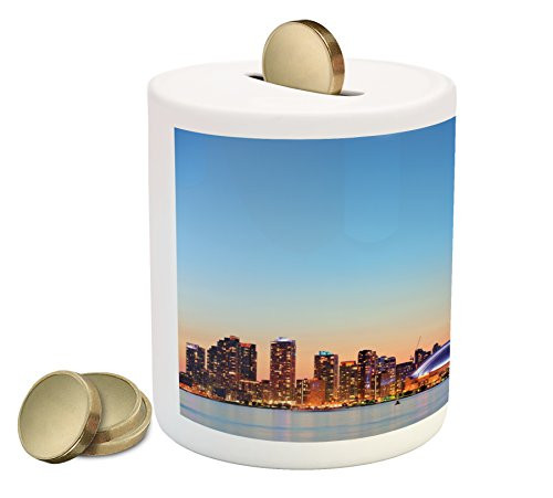 Lunarable Modern Piggy Bank, Canadian Skyline Toronto City with Lake Panorama at Evening Urban Scenery, Printed Ceramic Coin Bank Money Box for Cash Saving, Pale Blue Cinnamon
