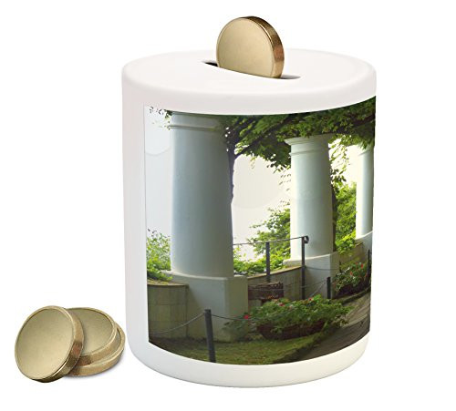 Lunarable Italian Piggy Bank, Terrace with The Seascape on The Island of Capri Italy Flowers Swirls, Printed Ceramic Coin Bank Money Box for Cash Saving, Forrest Green and White Lunarable Italian Piggy Bank, Terrace with The Seascape on The Island of Capri Italy Flowers Swirls, Printed Ceramic Coin Bank Money Box for Cash Saving, Forrest Green and White