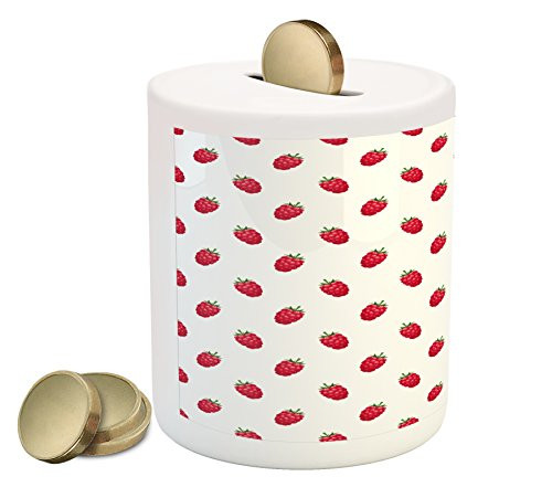 Lunarable Fruit Piggy Bank, Ripe Juicy Raspberries Summer Fruits Fresh Organic Vegetarian Tile Design, Printed Ceramic Coin Bank Money Box for Cash Saving, Red Green White